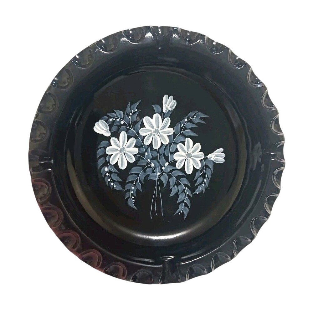 Vtg Fenton Art Glass Black Ebony Ash Tray Trinket Dish Hand Painted White Floral